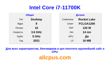 Intel Core i7-11700K Характеристики и бенчмарки CPU