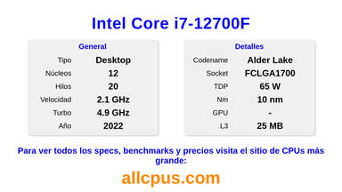 Intel Core i7-12700F Especificaciones y benchmarks de la CPU
