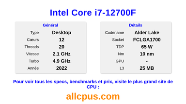 Intel Core i7-12700F Spécifications et benchmarks du CPU