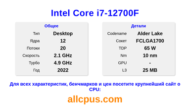 Intel Core i7-12700F Характеристики и бенчмарки CPU