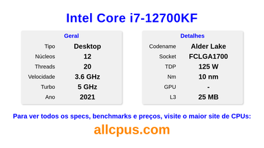 Intel Core i7-12700KF Especificações e benchmarks da CPU