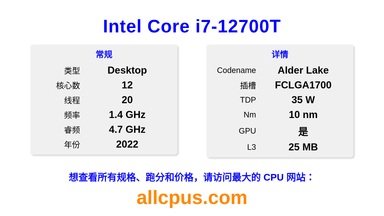 Intel Core i7-12700T CPU 规格和跑分