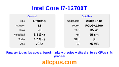 Intel Core i7-12700T Especificaciones y benchmarks de la CPU