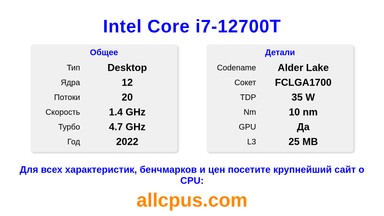 Intel Core i7-12700T Характеристики и бенчмарки CPU