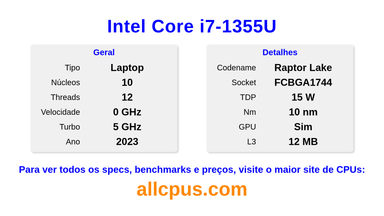 Intel Core i7-1355U Especificações e benchmarks da CPU