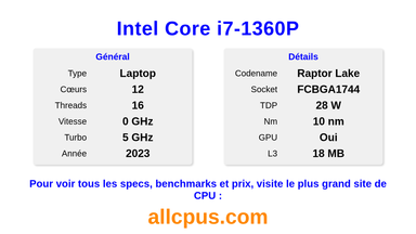 Intel Core i7-1360P Spécifications et benchmarks du CPU
