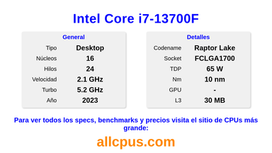 Intel Core i7-13700F Especificaciones y benchmarks de la CPU