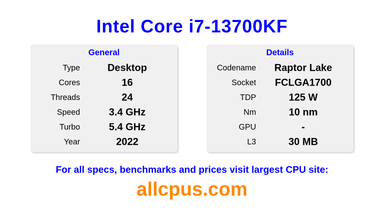 Intel Core i7-13700KF CPU Specifications and Benchmark
