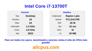 Intel Core i7-13700T Especificaciones y benchmarks de la CPU