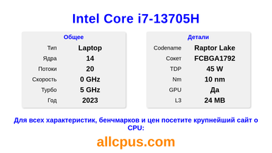 Intel Core i7-13705H Характеристики и бенчмарки CPU