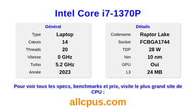 Intel Core i7-1370P Spécifications et benchmarks du CPU