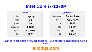 Intel Core i7-1370P Характеристики и бенчмарки CPU