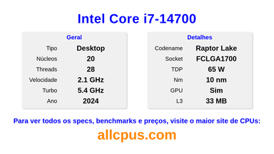 Intel Core i7-14700 Especificações e benchmarks da CPU