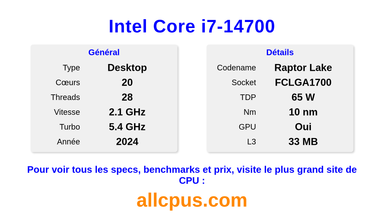 Intel Core i7-14700 Spécifications et benchmarks du CPU
