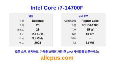 Intel Core i7-14700F CPU 사양과 벤치마크