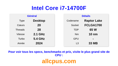 Intel Core i7-14700F Spécifications et benchmarks du CPU