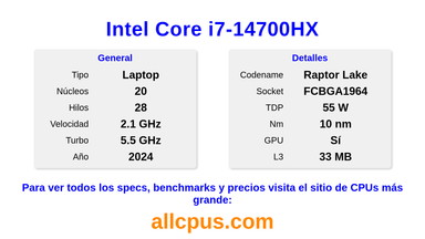 Intel Core i7-14700HX Especificaciones y benchmarks de la CPU