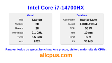 Intel Core i7-14700HX Especificações e benchmarks da CPU