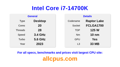 Intel Core i7-14700K CPU Specifications and Benchmark