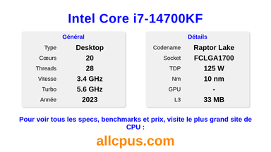 Intel Core i7-14700KF Spécifications et benchmarks du CPU