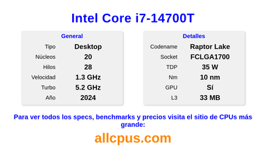 Intel Core i7-14700T Especificaciones y benchmarks de la CPU