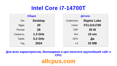 Intel Core i7-14700T Характеристики и бенчмарки CPU