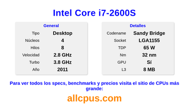 Intel Core i7-2600S Especificaciones y benchmarks de la CPU