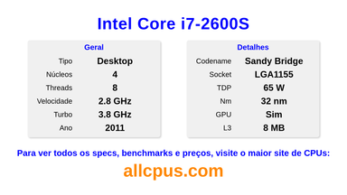 Intel Core i7-2600S Especificações e benchmarks da CPU