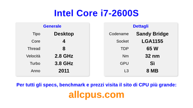 Intel Core i7-2600S Specifiche e benchmark della CPU