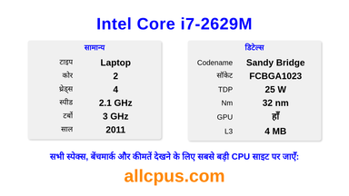 Intel Core i7-2629M CPU की स्पेसिफिकेशन और बेंचमार्क
