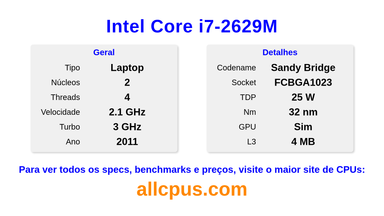 Intel Core i7-2629M Especificações e benchmarks da CPU