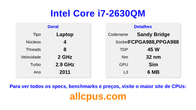 Intel Core i7-2630QM Especificações e benchmarks da CPU