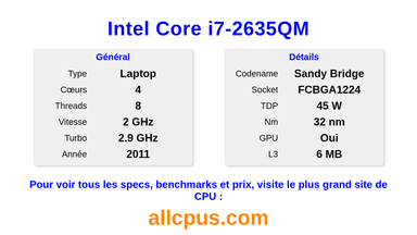 Intel Core i7-2635QM Spécifications et benchmarks du CPU
