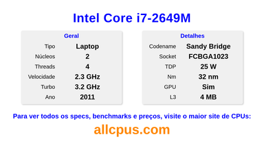Intel Core i7-2649M Especificações e benchmarks da CPU