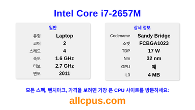 Intel Core i7-2657M CPU 사양과 벤치마크