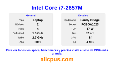 Intel Core i7-2657M Especificaciones y benchmarks de la CPU