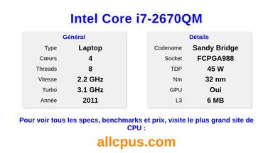 Intel Core i7-2670QM Spécifications et benchmarks du CPU