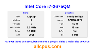 Intel Core i7-2675QM Especificações e benchmarks da CPU