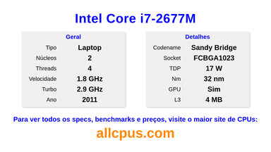 Intel Core i7-2677M Especificações e benchmarks da CPU