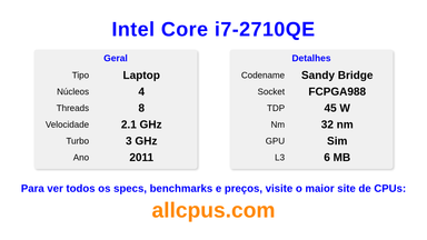 Intel Core i7-2710QE Especificações e benchmarks da CPU