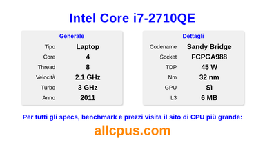 Intel Core i7-2710QE Specifiche e benchmark della CPU