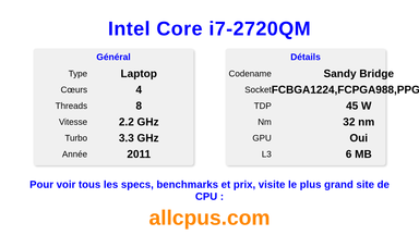 Intel Core i7-2720QM Spécifications et benchmarks du CPU