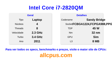 Intel Core i7-2820QM Especificações e benchmarks da CPU