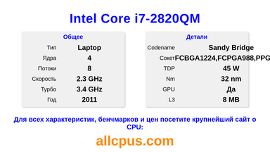 Intel Core i7-2820QM Характеристики и бенчмарки CPU