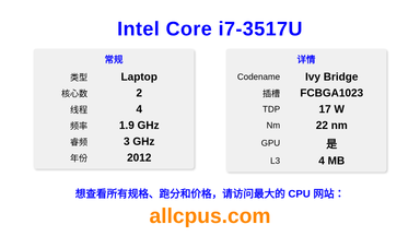 Intel Core i7-3517U CPU 规格和跑分