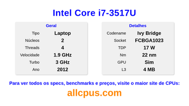 Intel Core i7-3517U Especificações e benchmarks da CPU