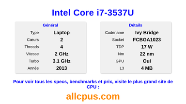 Intel Core i7-3537U Spécifications et benchmarks du CPU