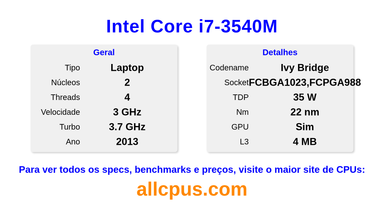 Intel Core i7-3540M Especificações e benchmarks da CPU