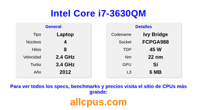Intel Core i7-3630QM Especificaciones y benchmarks de la CPU