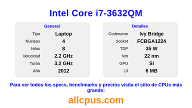 Intel Core i7-3632QM Especificaciones y benchmarks de la CPU